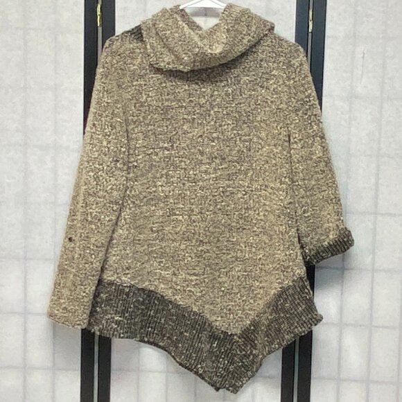 SJS Boucle Knit Cowl Neck Asymmetrical Sweater L Black Tan Roll Sleeve Cozy Chic - Picture 2 of 12